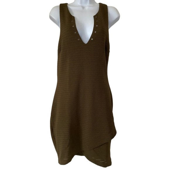 Sleeveless Sheath Dress Military Green Tulip Hem V-Neck Midi Size Large - Picture 1 of 11